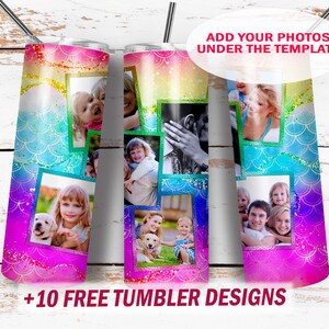 Pode incluir: Três copos de aço inoxidável com um padrão de escamas de sereia arco-íris e várias fotos de família em cada um dos quadrados. O texto "ADD YOUR PHOTOS UNDER THE TEMPLATE" está na parte superior da imagem. O texto "+10 FREE TUMBLER DESIGNS" está na parte inferior da imagem.