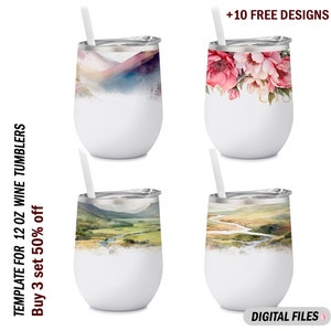 12 Oz wine tumbler wrap bundle Landscape wine tumbler template designs Png file for sublimation design Floral background for wine cups
