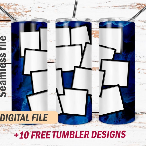 Blue tumbler template with photo collage Png file for sublimation designs 20 Oz skinny tumbler wrap Alcohol ink seamless background png