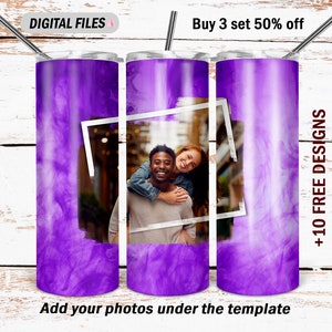 May include: Three purple sublimation tumblers with a white photo frame overlay. The photo frame contains a picture of a couple. The text "Buy 3 set 50% off" and "Add your photos under the template" are at the top and bottom of the image. The text "+10 FREE DESIGNS" is on the right side of the image.