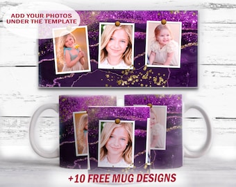 Mug sublimation designs downloads with 3 pictures, Purple mug template for 11oz, 15 oz, Coffee cup png with frame, Marble png for cups