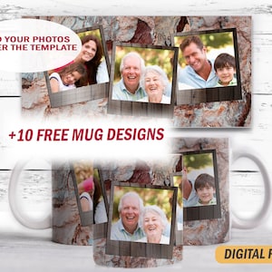 Envoltura para taza de café con 3 fotos Archivos Png para diseños de sublimación para tazas de 15 oz y 11 oz Descargas digitales con fondo de madera Plantilla para taza