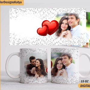 Photo template mug for 15 oz and 11 oz Valentine day mug wrap with 2 frames Sublimation mug png Heart coffee mug template with pictures