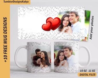 Photo template mug for 15 oz and 11 oz Valentine day mug wrap with 2 frames Sublimation mug png Heart coffee mug template with pictures