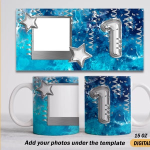Fototasse Sublimationsdesigns Bildtasse mit Rahmen 1 Geburtstagstasse Hintergrund blau Kaffeetasse png Bildbecher Vorlage Sofort-Downloads