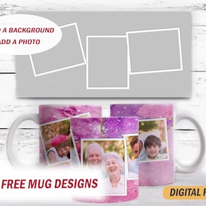 Photo template for 15 oz mugs 3 photo frames Pink png files for sublimation designs Picture coffee cup wrap digital downloads