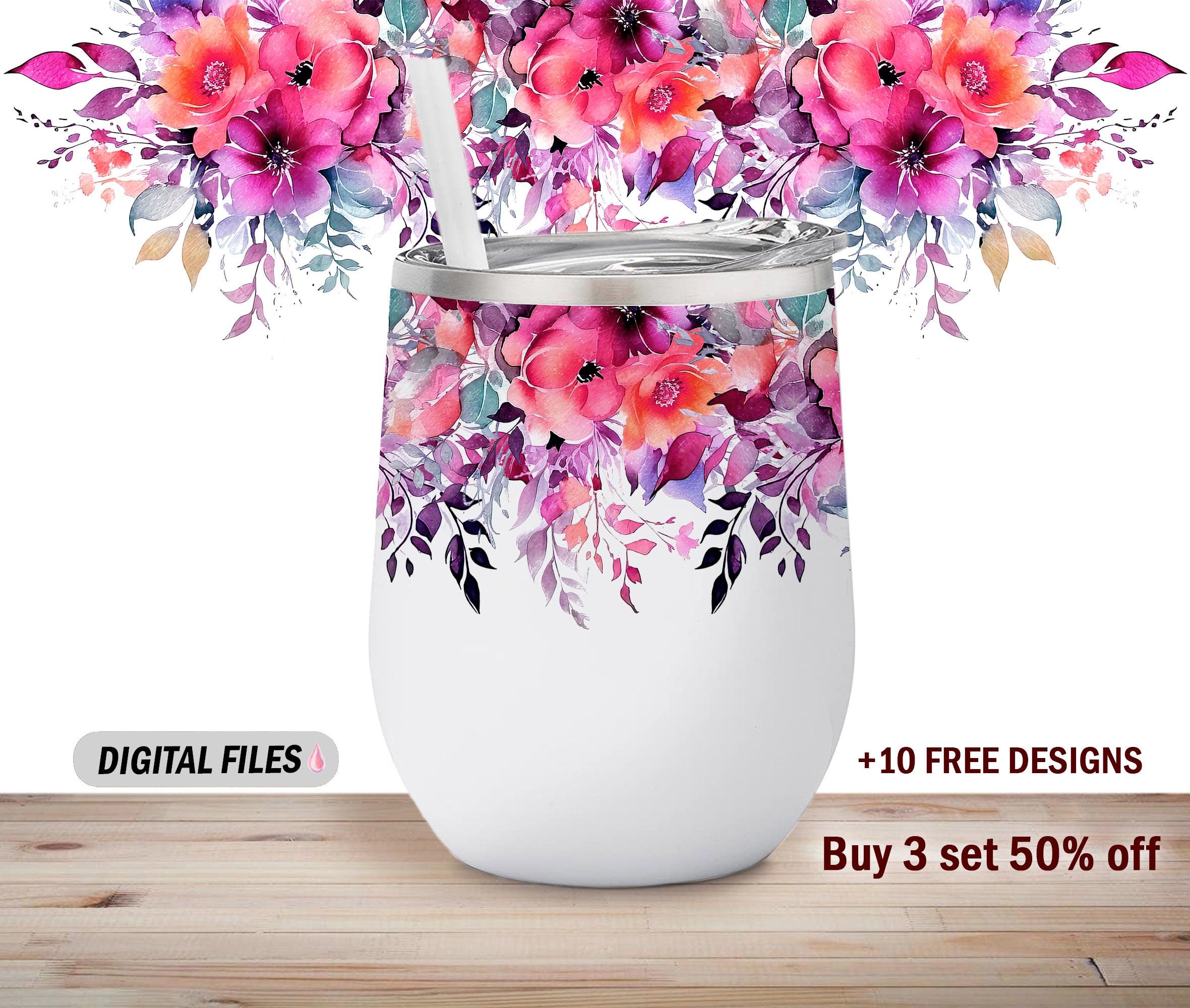 12oz wine tumbler wrap Pink wildflowers Png Wedding wine tumbler designs sublimation design 12 Oz wine tumblers template Instant downloads