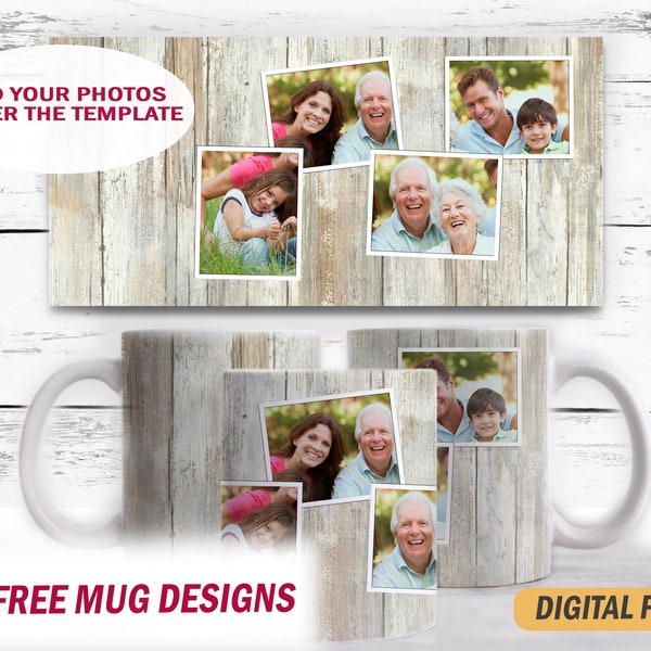 Wood mug wrap with 4 photo frames 15 oz and 11 oz mug template Mug sublimation designs Coffee cup png Frame photo mug template