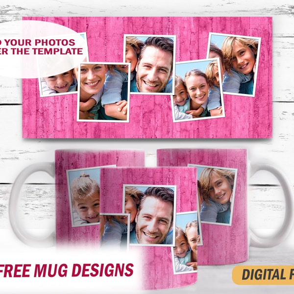 Photo mug wrap with 5 frames Sublimation mug png for 5 pictures Pink wood Coffee mug template with photo image Mug 15 oz and 11 oz png file