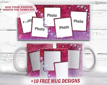 Picture mug template for 5 photos Purple mug wrap 15 oz and 11 oz background for cups Mug png file for sublimation design Baby mug design