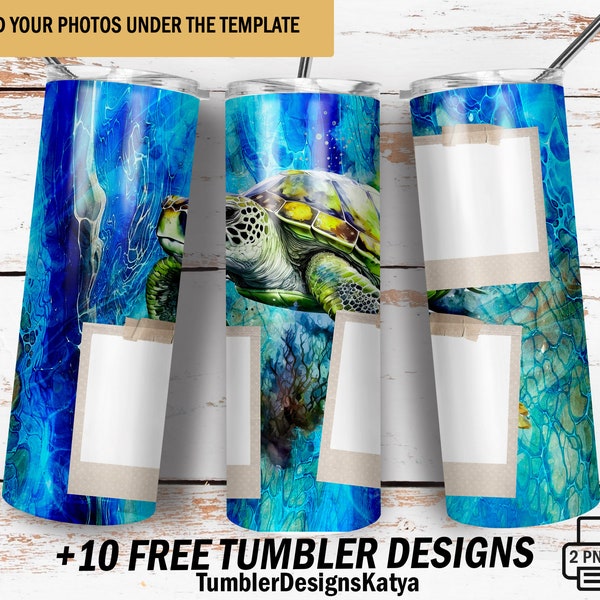 Sea turtle tumbler wrap with 3 photo frames Beach tumbler png file for sublimation design Blue 20 Oz skinny tumbler Picture tumbler design