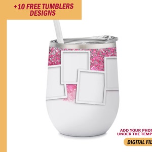 Pink wine tumbler wrap with photo frames Family wine tumbler wrap purple Png file for sublimation designs 12 Oz wine tumblers template