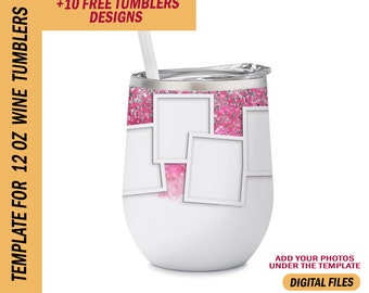 Pink wine tumbler wrap with photo frames Family wine tumbler wrap purple Png file for sublimation designs 12 Oz wine tumblers template
