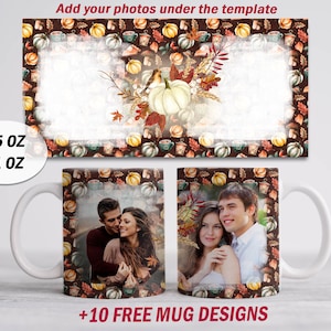 Photo mug template for 15 oz and 11 oz mug, Pumkin mug wrap with 2 photo frames, mug sublimation, Fall coffee mug template with pictures