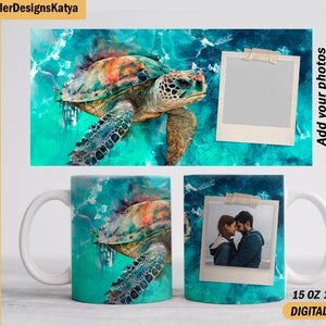 Photo mug wrap with sea turtle, Picture mug png files for beach sublimation designs, Photo template for 15oz  11oz mug, Sublimation mug png