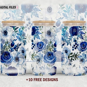 Blue flowers 16 Oz libbey glass wrap tumbler sublimation design 16oz glass can png file 16 oz tumbler wrap png Seamless tumbler wrap for mom