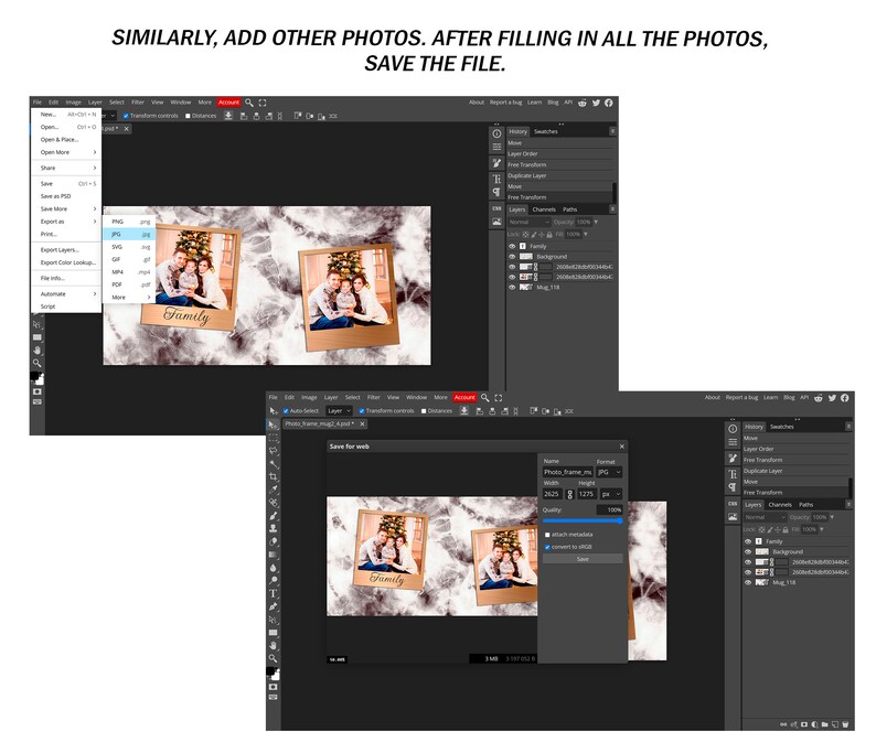 May include: A computer screen displaying a photo editing program with a photo of a family in a Christmas-themed photo booth. The photo is in a digital frame with a marble background. The text "Family" is written on the photo.
