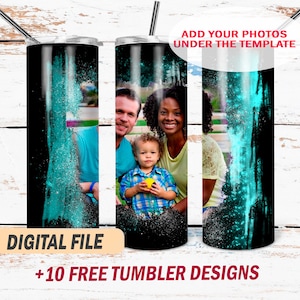 Picture tumbler wrap with 1 photo frame Blue and black tumbler png file for sublimation design Family 20oz skinny tumbler template for photo