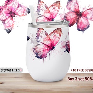 Pink 12 Oz wine tumbler template Butterflies wine tumbler wrap Png file for sublimation design downloads Seamless background for wine cups