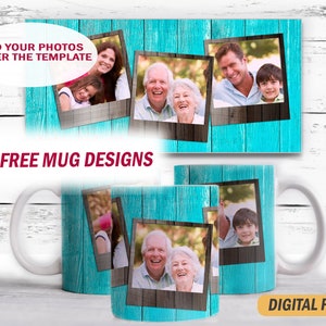 Photo template mug  for Dad 15 oz and 11 oz Wood mug wrap with 3 frames Sublimation mug png Purple coffee mug template with photo picture