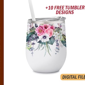 12 Oz wine tumblers template Floral wine tumbler png file for sublimation design Wedding wine tumbler Holiday wine cup file instant download