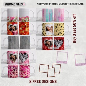 Photo template mug for 15 oz and 11 oz Valentine mug wrap with 2 photo frames Sublimation mug png Heart coffee mug template with picture image 2