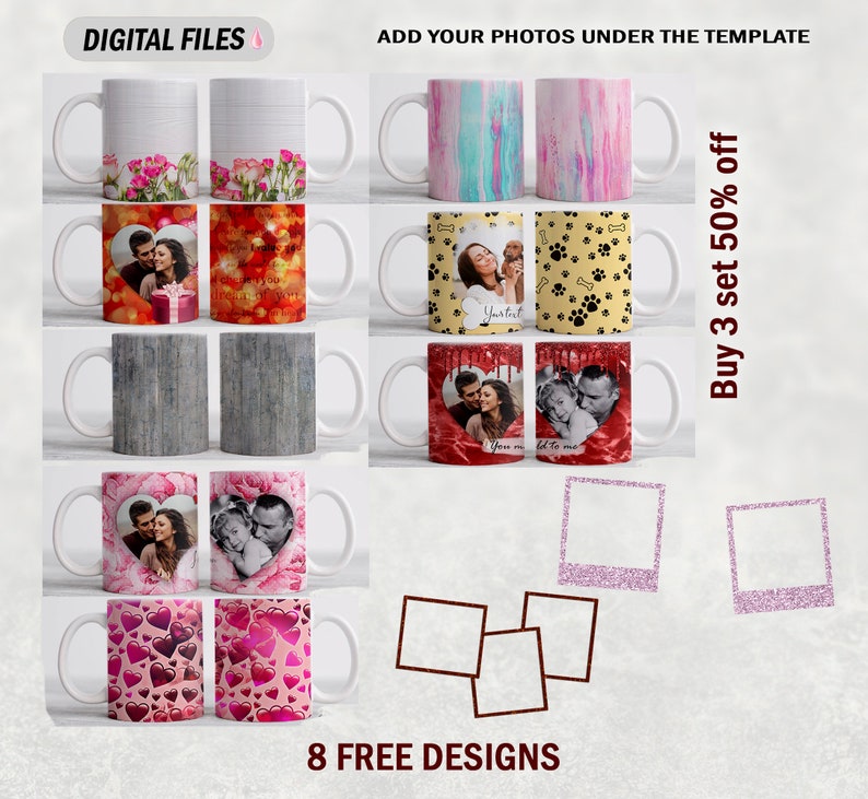 Photo template mug for 15 oz and 11 oz Valentine mug wrap with 2 photo frames Sublimation mug png Heart coffee mug template with picture image 2