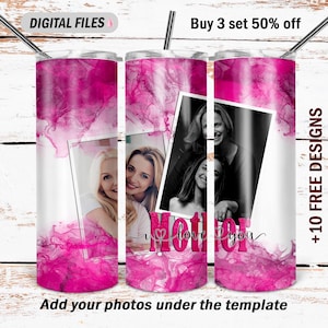 Mothers day tumbler design Photo tumbler wrap with frame 2 picture tumbler png for sublimation design Pink 20 Oz skinny tumbler wrap
