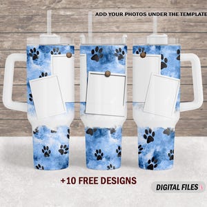 40 oz Fotobecherverpackung mit 5 Fotorahmen png-Datei für Sublimationsdesign Pfoten 40 Unzen Bechervorlage Blaue Becherverpackung digitale Dateien