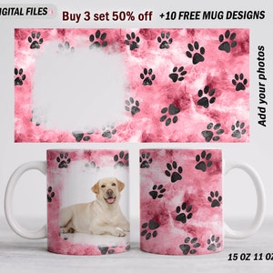 Pfoten-Becher mit 1 Foto, individuelle Bechervorlage, 15 oz, 11 oz Becher-Sublimationsdesigns für Kaffeetassen, rosa Becher (PNG), Weihnachtsgeschenke für Hundemama