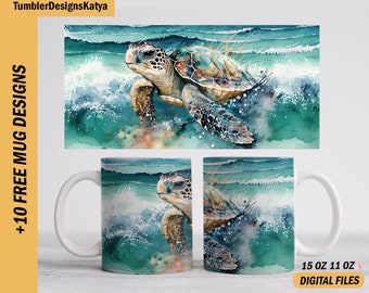 Sea turtle mug wrap, Beach mug template, 15oz, 11 oz mug sublimation designs downloads for coffee cup, Ocean mug png, birthday gifts for her