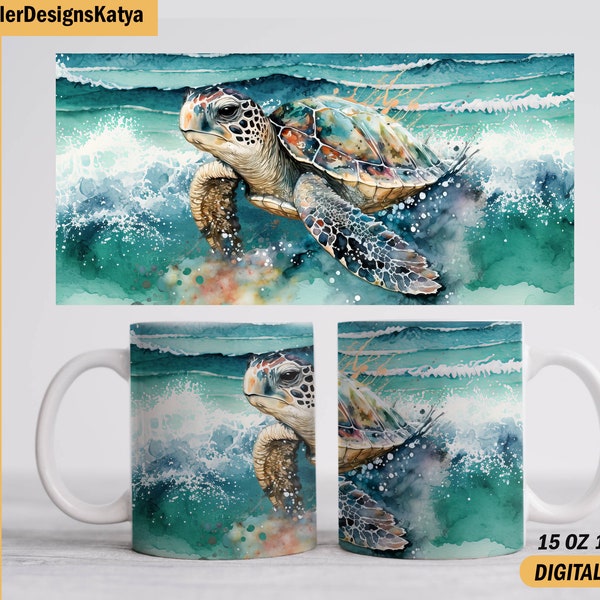Sea turtle mug sublimation design Beach mug template 15 oz and 11 oz Sublimation designs downloads for coffee cup Green mug background