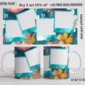 Pode incluir: Caneca de cerâmica branca com um design floral com flores amarelas, rosas e azuis. A caneca tem quatro molduras de fotos em branco com uma borda turquesa. O texto "Adicione suas fotos" está no lado direito da imagem. O texto "Compre 3 conjuntos 50% de desconto + 10 DESENHOS DE CANECA GRÁTIS" está na parte superior da imagem. A caneca é de 15 oz ou 11 oz.