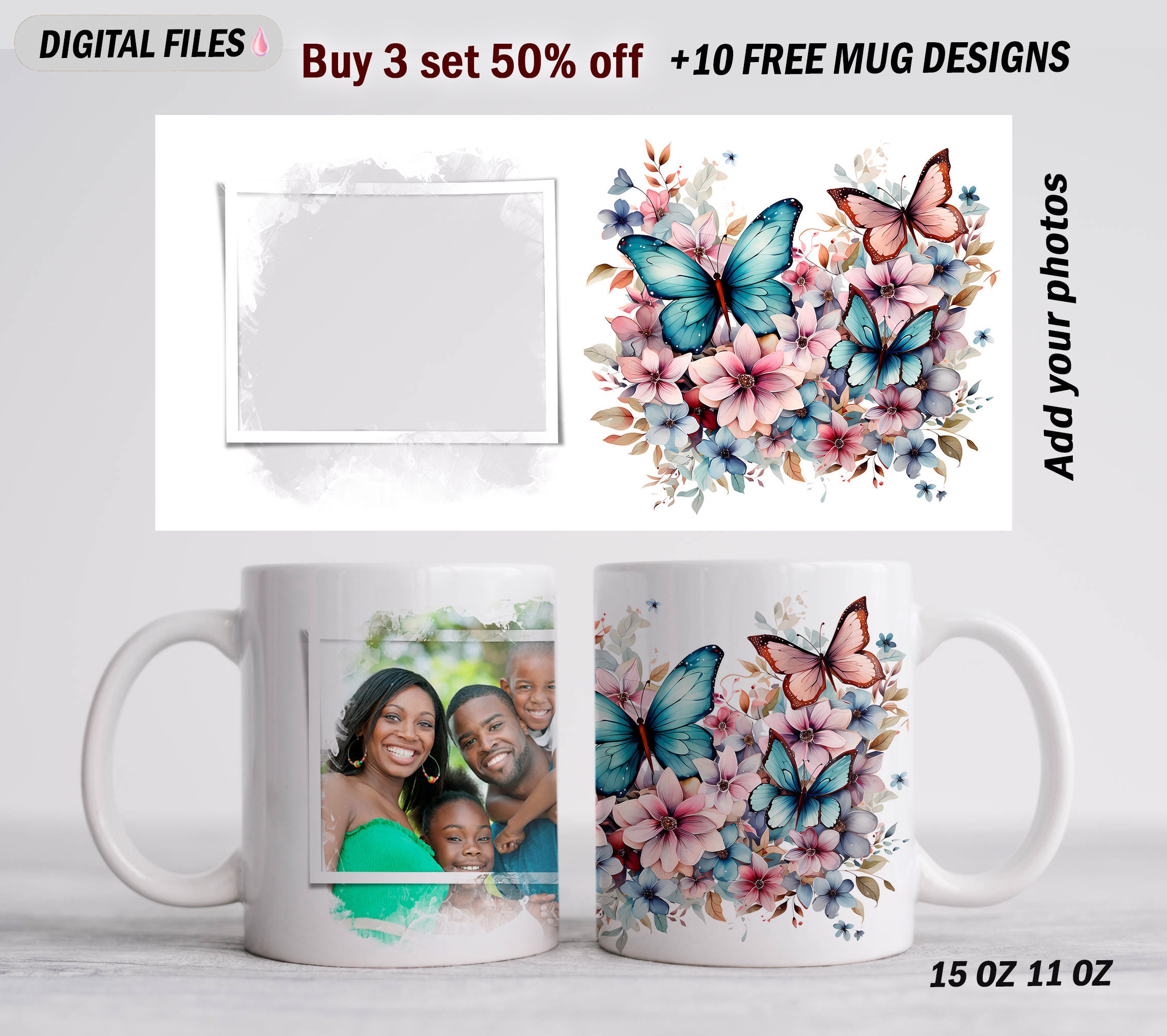 ま*る様 herlipto Muguet-Printed Mermaraid D Mother's Day Mug Wrap With 1 Photo Frame Butterfly Mug Sublimation