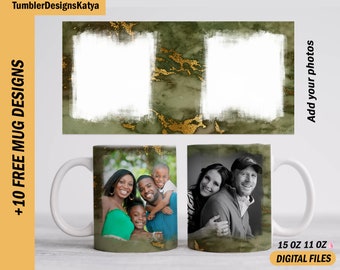 Personalised photo mug sublimation designs, mug template 15 oz 11 oz with 2 pictures, customisable coffee cup wrap, Christmas gifts for dad