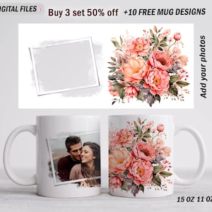 Mokomslag met 1 foto Bloemmok sublimatieontwerpen Fotomok sjabloon voor 15 oz 11 oz Koffiemok sjabloon voor 1 foto Moederdagcadeau