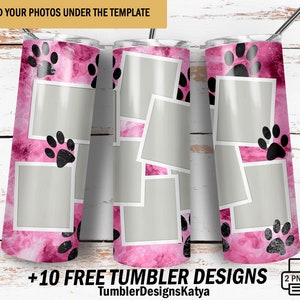 Photo collage tumbler wrap design with dog paws Png file for sublimation designs Pink seamless background for 20 oz skinny cups