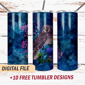 May include: A blue and purple watercolor design with an owl and flowers on a stainless steel tumbler. The tumbler is 20 ounces and has a straw.