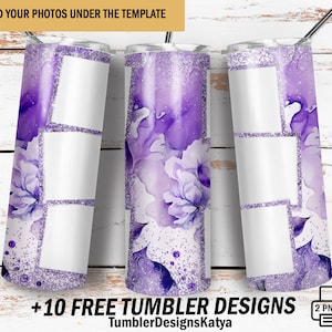 May include: Purple and white watercolor tumbler design with glitter accents and three blank photo frames. Add your photos under the template. +10 FREE TUMBLER DESIGNS TumblerDesignsKatya