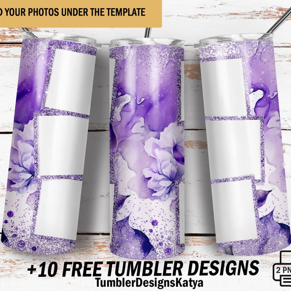 Photo tumbler template with 6 frames Purple 20 Oz tumbler for mom seamless Image tumbler wrap with glitter Png file for sublimation designs