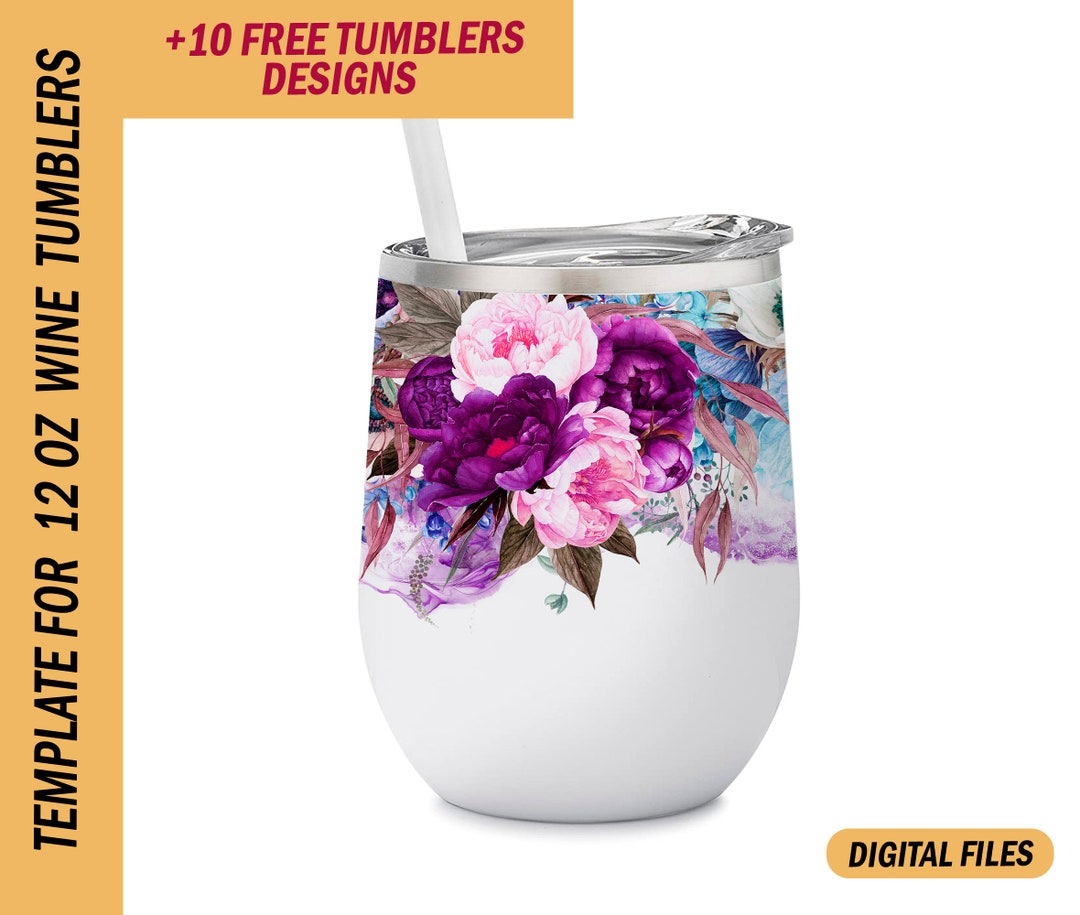 12 Oz Wine Tumbler Template Floral Wine Tumbler Wrap Purple Designs Png File for Sublimation