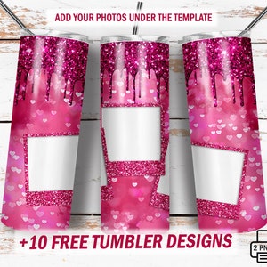 Puede incluir: Un diseño de sublimación para un vaso con un fondo de purpurina rosa y blanco con purpurina que gotea y corazones. El diseño incluye dos marcos de fotos en blanco.