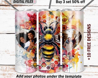 Bee tumbler png file for sublimation designs Photo tumbler design Mother’s Day Picture tumbler wrap with 2 frames 20 Oz skinny tumbler wrap