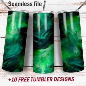 May include: Three stainless steel tumblers with a green and black abstract design. The tumblers have a seamless file design and include the text "+10 FREE TUMBLER DESIGNS". Each tumbler has a silver straw and a lid.