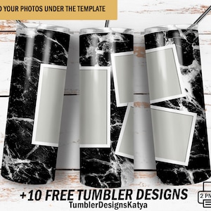 Op de afbeelding: Drie tumbler-ontwerpen van zwart en wit marmer met fotokaders. Elk ontwerp heeft een andere opstelling van fotokaders. De tekst "Voeg uw foto's onder de sjabloon toe" staat bovenaan de afbeelding. De tekst "+10 GRATIS TUMBLER-ONTWERPEN" staat onderaan de afbeelding. De tekst "TumblerDesignsKatya" staat onder de tekst "+10 GRATIS TUMBLER-ONTWERPEN".