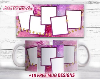 May include: A white ceramic mug with a pink and purple galaxy design and gold stars. The mug has a blank space for a photo. The text "Add your photos under the template" and "+10 Free Mug Designs" are on the image.