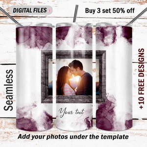 May include: A set of three seamless digital file tumbler designs. The tumblers feature a white background with a watercolor-style burgundy and gray design. One tumbler has a framed photo with the text "Your text". The image also includes the text "DIGITAL FILES", "Buy 3 set 50% off", and "+10 FREE DESIGNS".