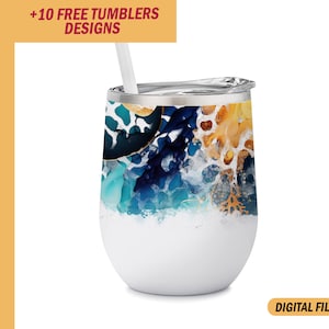 Könnte beinhalten: Ein 355 ml Edelstahl-Weinglas mit einem abstrakten Design in Blau, Gold und Weiß.  +10 KOSTENLOSE TUMBLER-DESIGNS. DIGITALE DATEIEN.