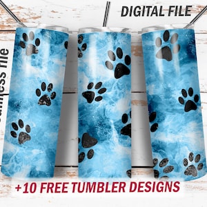 Dog 20 Oz skinny tumbler design Blue tumbler wrap with paws Seamless tumbler png file for sublimation designs 20 Oz skinny cups digital