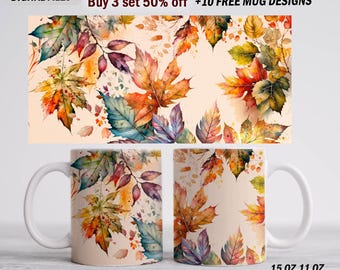 Fall mug wrap png file for sublimation designs, Mug template with fall leaves, Autumn mug design for 15 oz, 11 oz mugs, Orange cup wrap